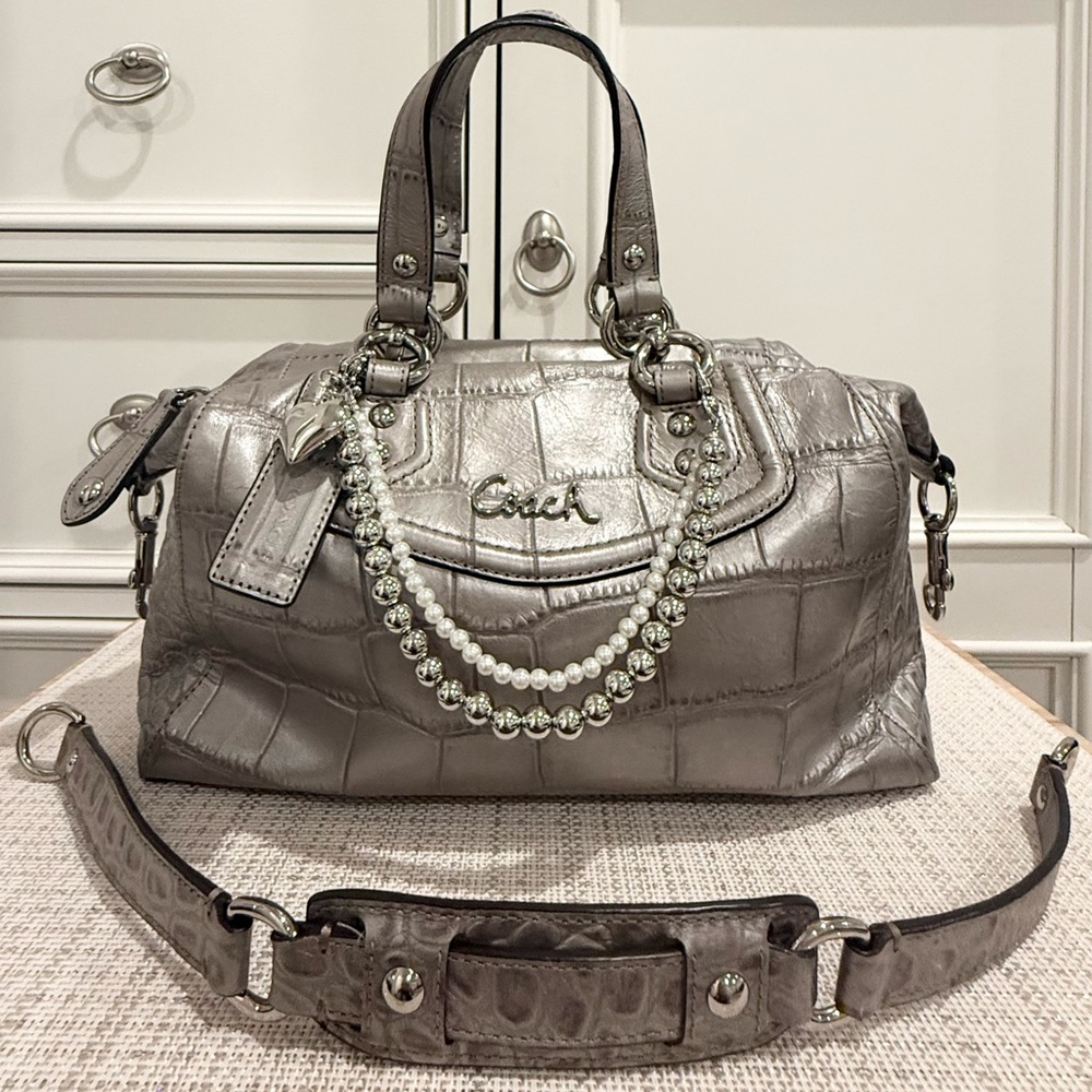 🐊🩶 SOLD - Coach Ashley Silver Gray Crocodile Embossed Leather Satchel Bag